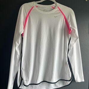 Nike Women's White and Pink Long Sleeve Dri Fit Tee